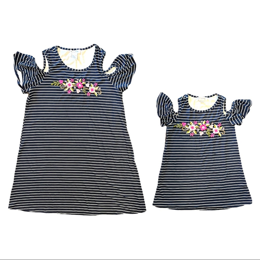 Smiling Pinker Mommy&Me Navy and White Striped with Floral Cold Shoulder Dresses